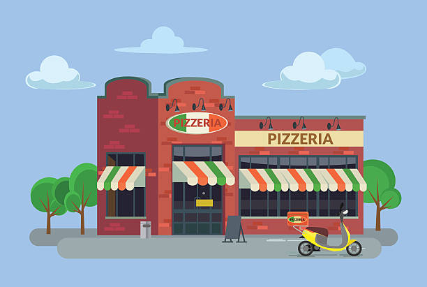 illustrations, cliparts, dessins animés et icônes de dessin pizzeria. vector illustration plat - pizzeria