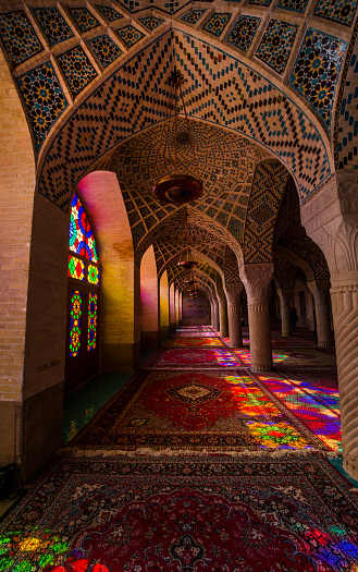 Interior with beautiful and artistic windows with stained glass inside the Nasir ol Molk Mosque (also \