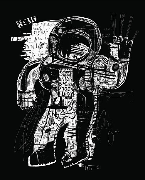Cosmonaut The symbolic image of an astronaut who sends his greetings to all streetart stock illustrations