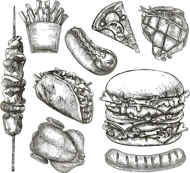 ilustraciones, imágenes clip art, dibujos animados e iconos de stock de rápido comida, bocetos - cooked chicken sketching roasted