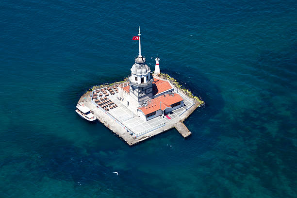 Aerial view of The Maiden's Tower Aerial view of The Maiden's Tower maidens tower turkey photos stock pictures, royalty-free photos & images