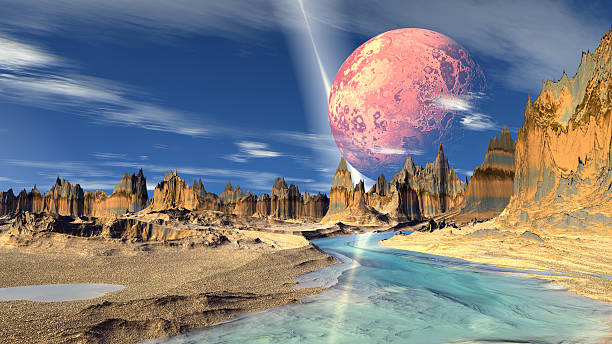 istock Fantasy alien planet. Rocks and lake 519969288