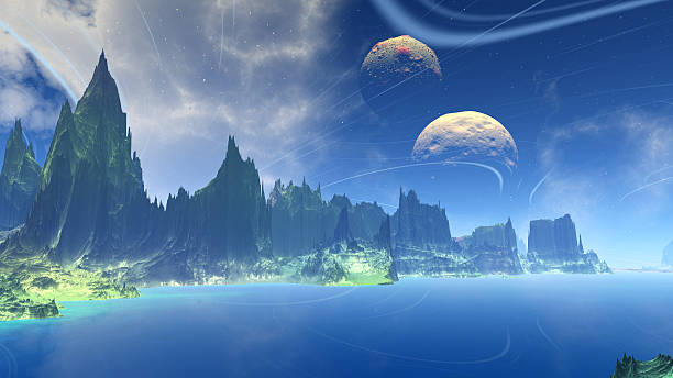 istock Fantasy alien planet. Rocks and lake 519969448