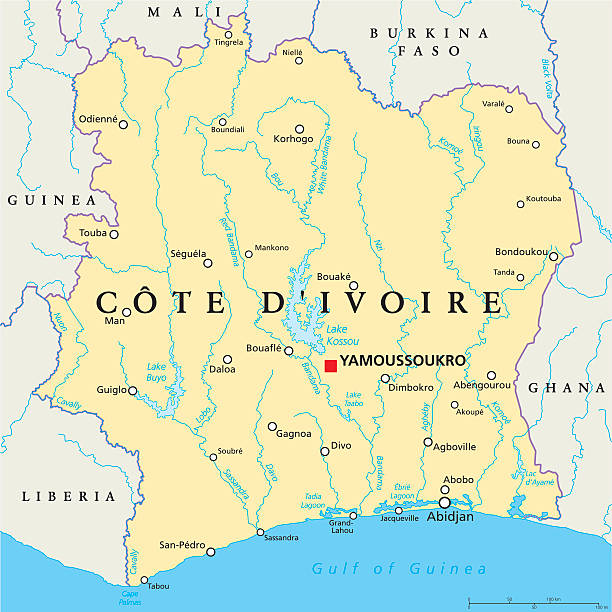 Cote D'Ivoire Political Map Cote D'Ivoire Political Map with capital Yamoussoukro, national borders, important cities, rivers and lakes. English labeling and scaling. Illustration. yamoussoukro stock illustrations