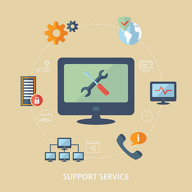 Concept for computer support Concept for computer support. Computer technician icons. Flat design vector for web maintenance support stock illustrations