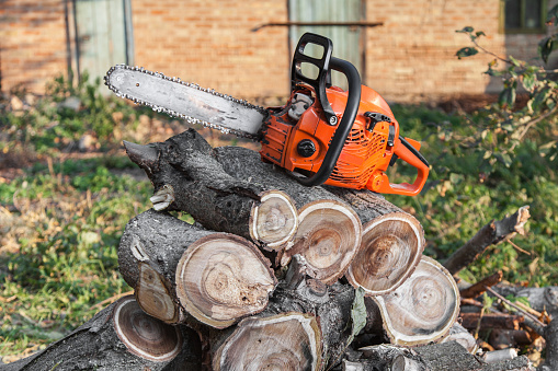 The orange chainsaw lying on firewood outdoors
