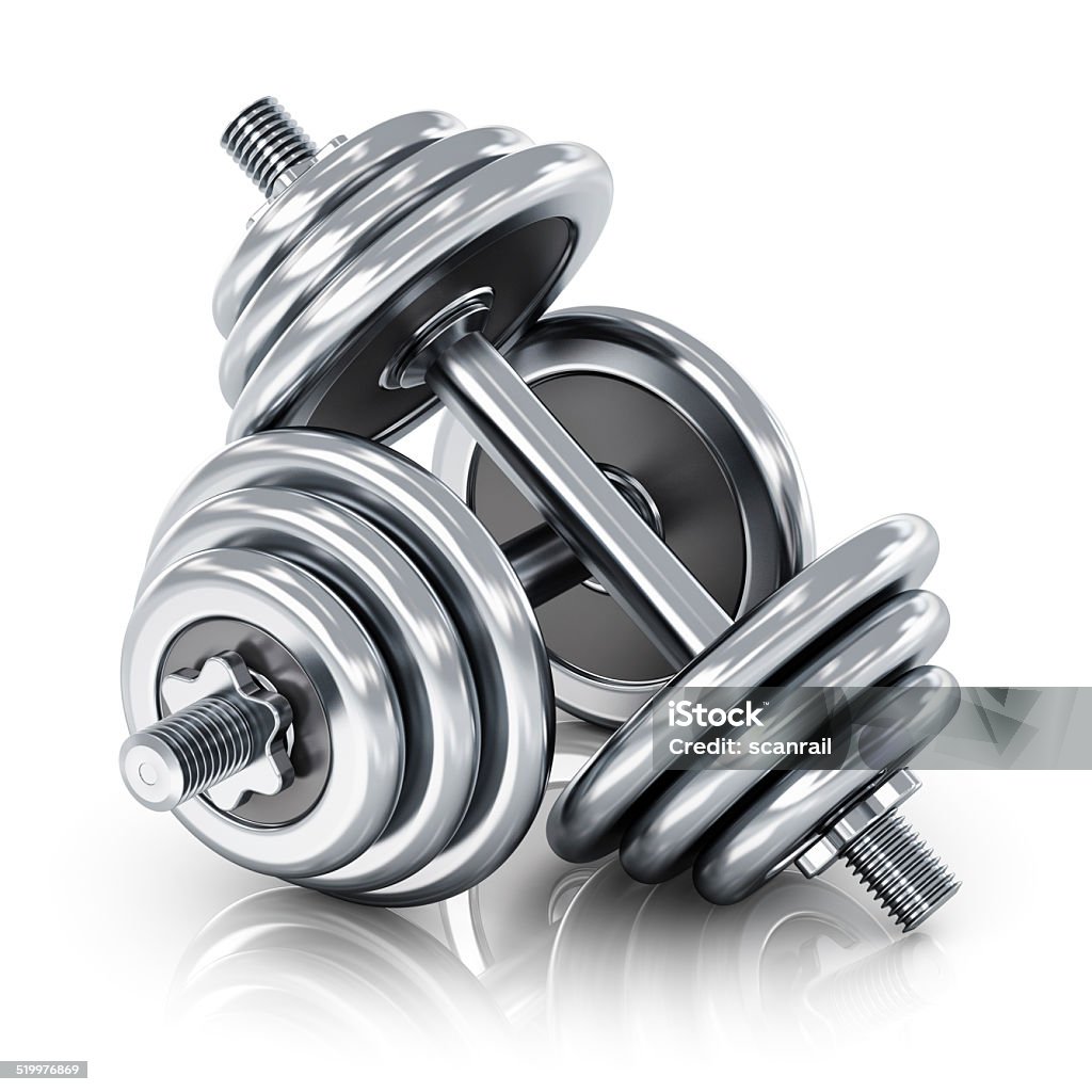 Dumbbells Creative abstract sport, fitness and healthy lifestyle concept: group of two shiny stainless steel metal dumbbells isolated on white background with reflection effect Cut Out Stock Photo