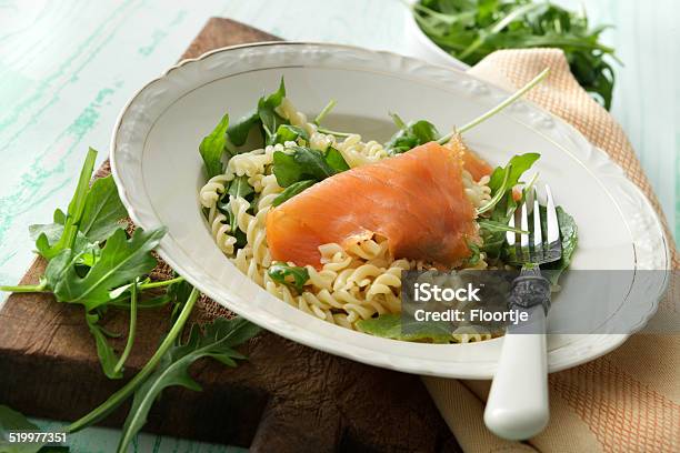 Italian Stills Fusilli With Salmon And Arugula Stock Photo - Download Image Now - Pasta Salad, Pasta, Salad