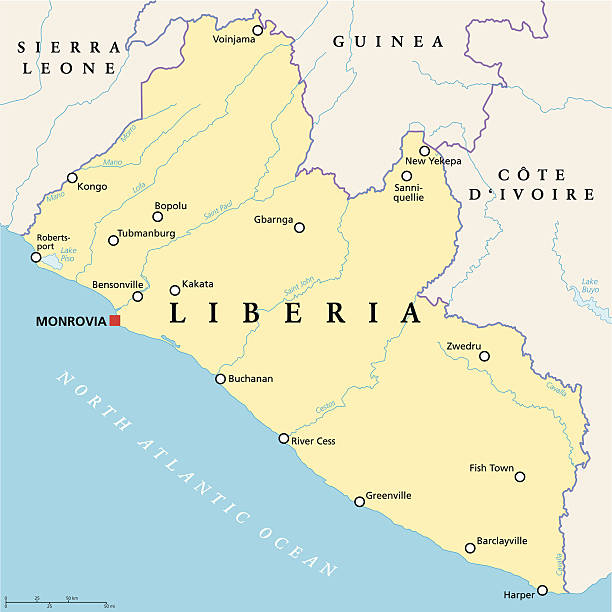 ilustraciones, imágenes clip art, dibujos animados e iconos de stock de mapa político de liberia - saint johns river