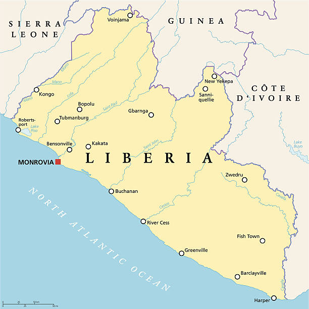 illustrations, cliparts, dessins animés et icônes de carte politique de liberia - saint johns river