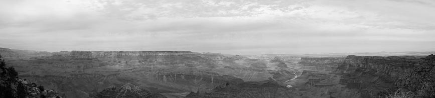 Black and white panorama of the Grand Canyon in Arizona