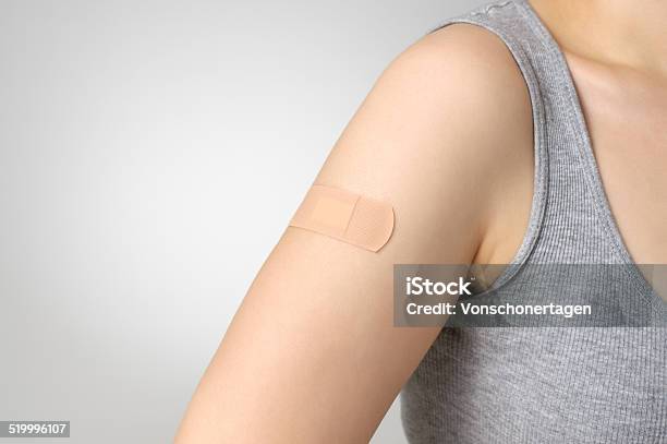 Plaster On Female Arm Stock Photo - Download Image Now - Adhesive Bandage, Close-up, Wound