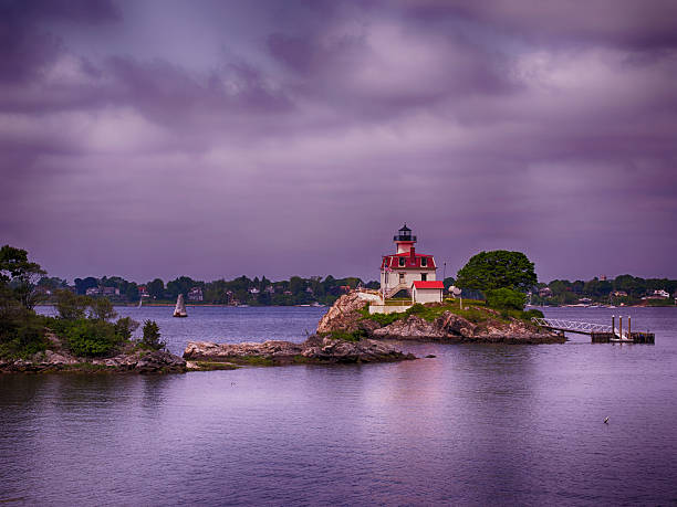 Pomham Rocks Lighthouse at Dawn East Providence Rhode Island Lighthouse along the East Bay Bike Path at Dawn. providence rhode island photos stock pictures, royalty-free photos & images