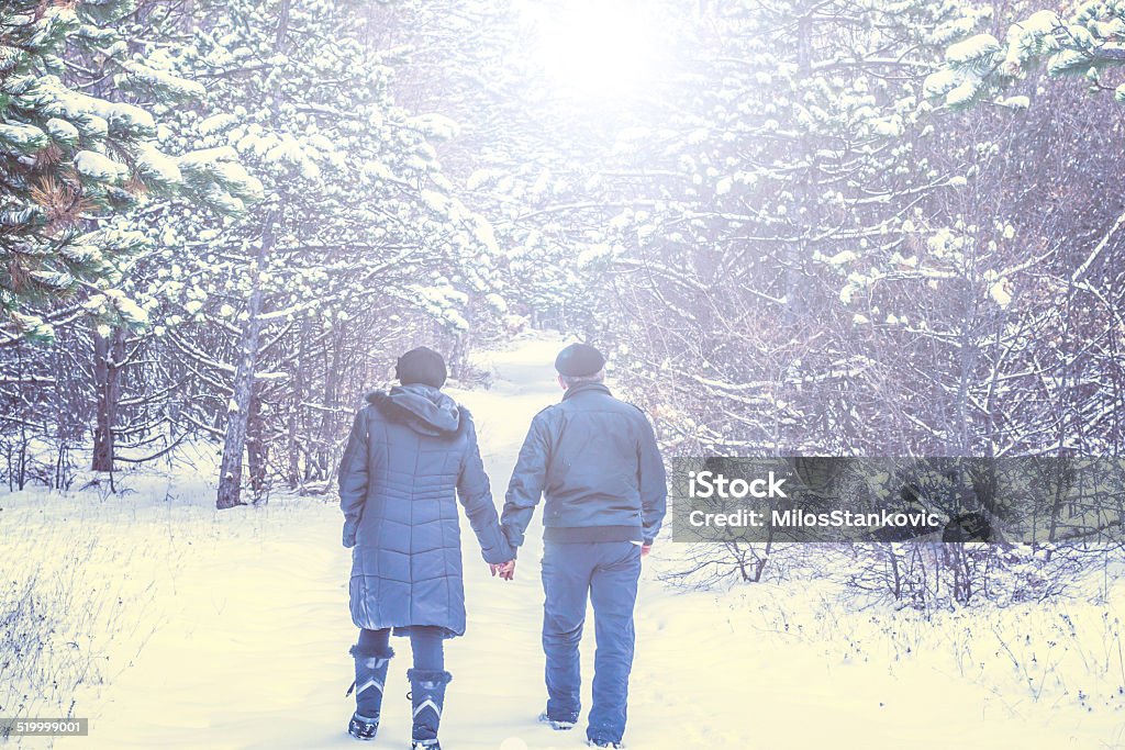 Älteres Paar walking im Schnee - Lizenzfrei Winter Stock-Foto