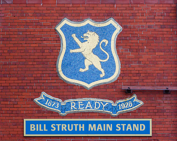 The Bill Struth Main Stand Glasgow, Scotland - July 26, 2014: A mosaic of Glasgow Rangers Football Club's badge. The mosaic adorns the Bill Struth Main Stand at Ibrox Stadium home of Glasgow Rangers. scotland football team stock pictures, royalty-free photos & images
