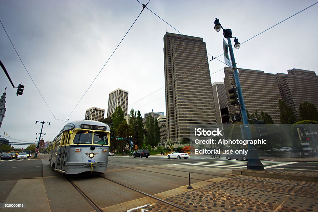 San Francisco trolley car San Francisco, USA - April 14, 2014: Silver tram travelling along tracks from the Financial district towards Fisherman's Wharf in San Francisco, California. Bus Stock Photo