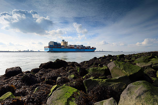 nave mercantile maersk laguna lasciando il porto di rotterdam - nieuwe waterweg foto e immagini stock