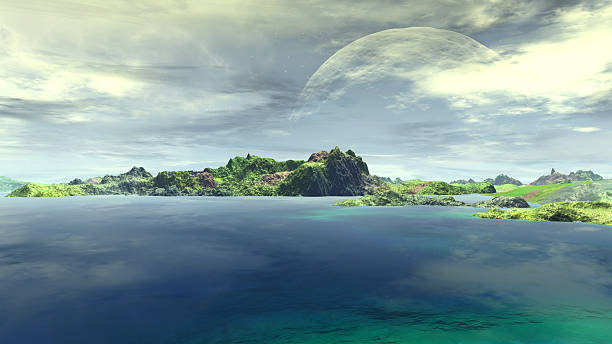 istock Fantasy alien planet. Rocks and lake 520001498
