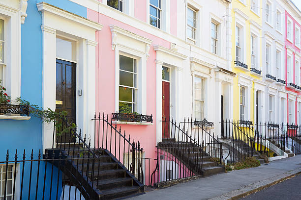 Colorful English houses facades in London Colorful English houses facades in blue, pink, yellow and white, pastel colors in London notting hill stock pictures, royalty-free photos & images