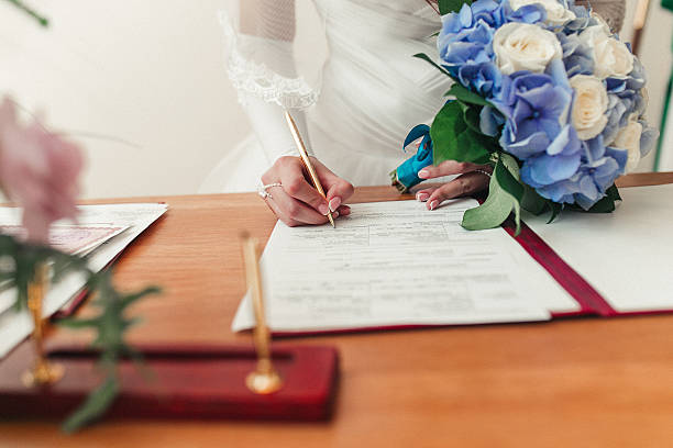 istock Bride signing marriage license 520002916