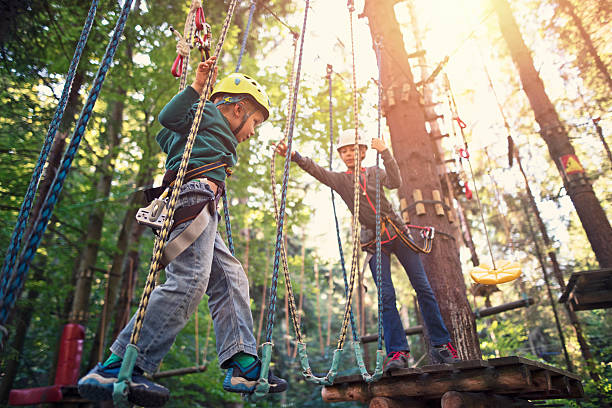 Sister helping her brother during ropes course in adventure park Little girl aged 9 is helping her little brother aged 6, to move forward in the outdoors ropes course adventure park. Sunny summer day. canopy tour photos stock pictures, royalty-free photos & images