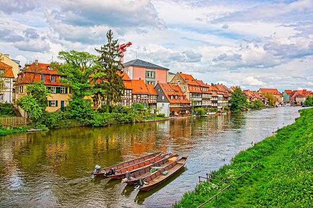 Panoramic view of Little Venice in Bamberg in Germany. It is a set of fisherman houses along river Regnitz. The city in under the UNESCO protection. People nearby