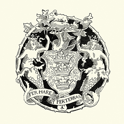 Vintage engraving of the Coat of Arms of Boston, Lincolnshire. Boston is a town and small port in Lincolnshire, on the east coast of England.