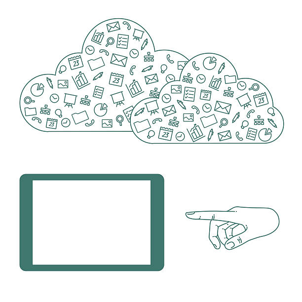 ilustraciones, imágenes clip art, dibujos animados e iconos de stock de tableta de la pantalla de demostración - cloud computing human hand cloud cloudscape