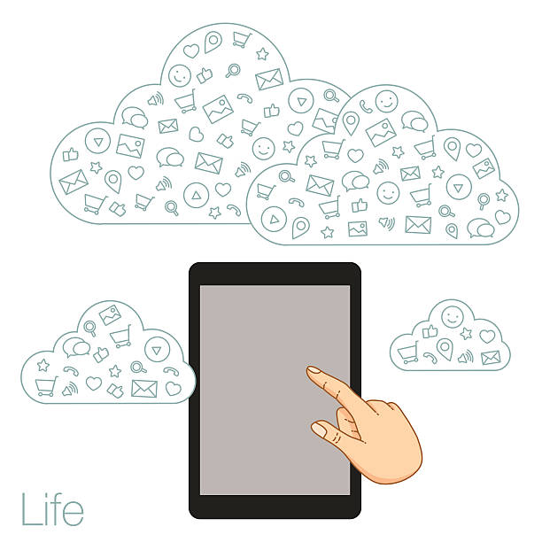 wykazanie ekranie tabletu do prezentacji aplikacji - cloud computing human hand cloud cloudscape stock illustrations