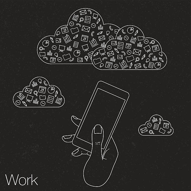 ilustrações de stock, clip art, desenhos animados e ícones de a demonstração de ecrã para apresentação de aplicações móveis - technology mobile phone cloudscape cloud