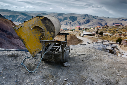 Empty mine cart at the entrance of Cerro Rico silver mine, Potosi, Bolivia