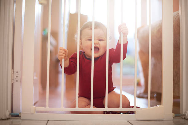 istock Baby boy crying at baby gate 520011768