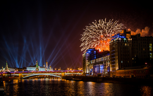 Beautiful night view of the Kremlin during the fireworks on Victory Day on may 9