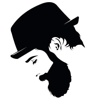Vector profile view of sad bearded man wearing hat looking down
