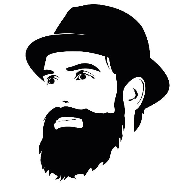 Bearded man with hat smiling looking away vector Vector portrait of bearded hipster face wearing hat looking away. good looking man looking up stock illustrations
