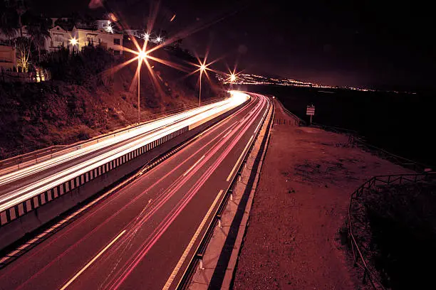 light trails on a freeway at nigth , Spain.