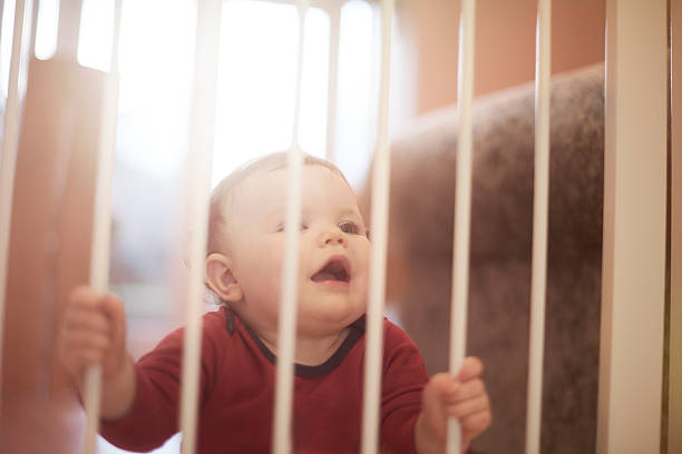 istock Baby boy waits behind baby gate 520013214