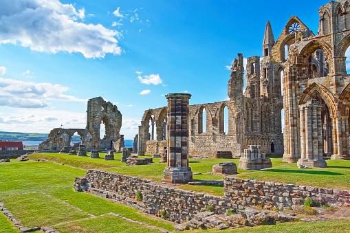 Ruined Entrance to Whitby Abbey in North Yorkshire in England. It is ruins of the Benedictine abbey. Now it is under protection of the English Heritage.