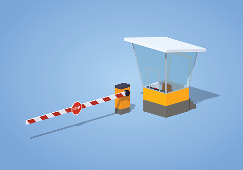 Barrier and toll booth against the blue background. 3D lowpoly isometric vector illustration