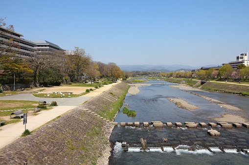 Kamo River park in Kyoto, Japan. Also known as Kamo-gawa.