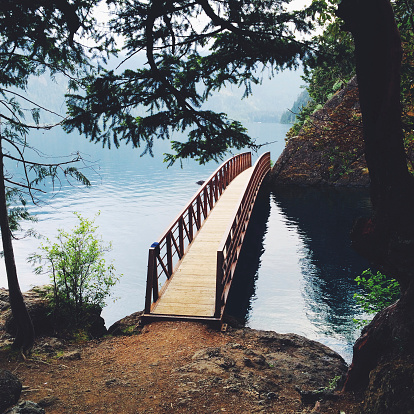 View of hiking bridge on a nature trail by lake Crescent, Washington state, USAhttp://bit.ly/10Ez8dS