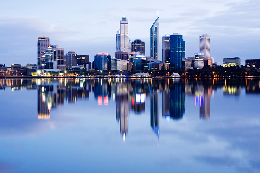 Perth Skyline Western Australia reflected in the Swan River at Dawn
