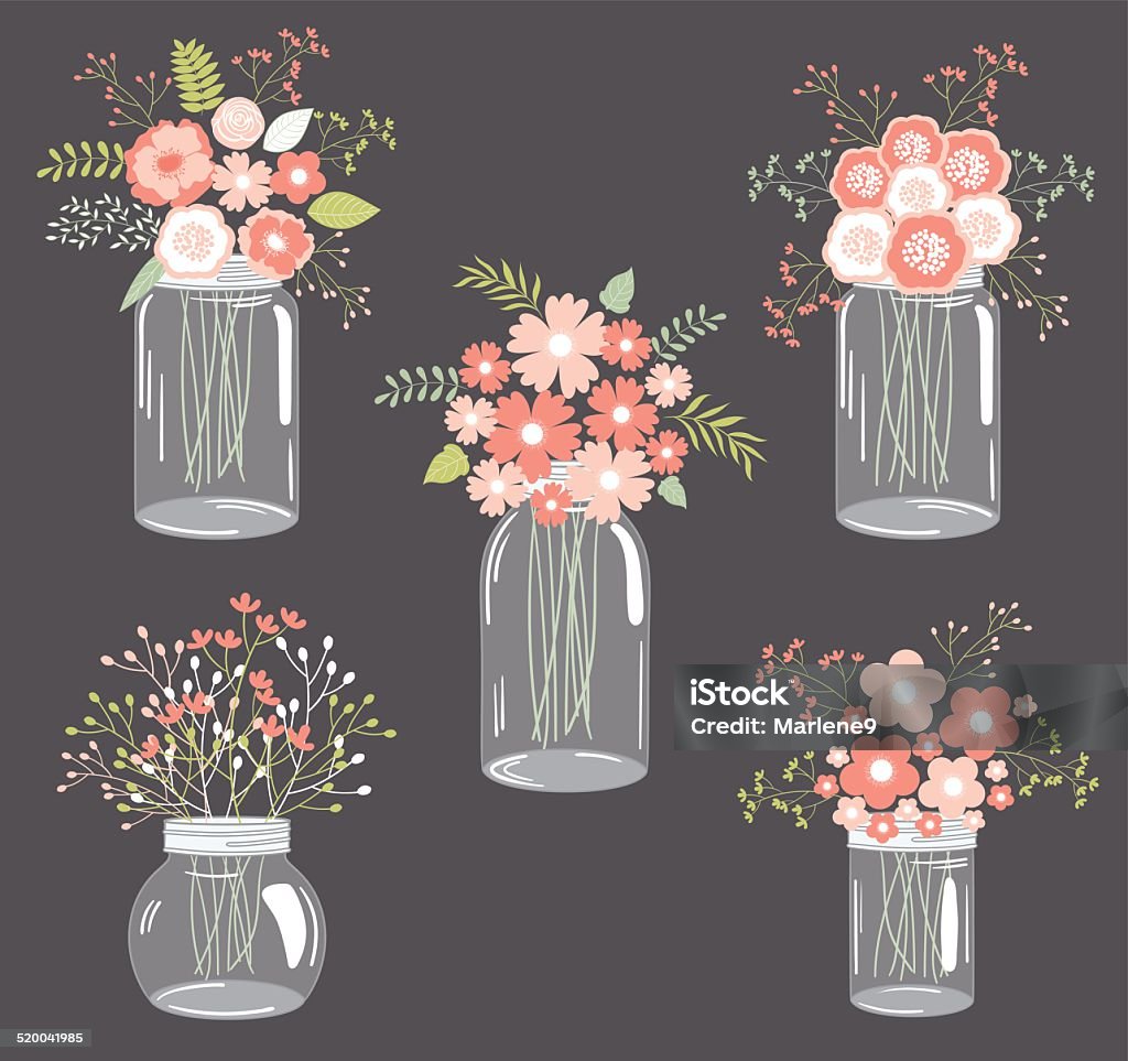 Pastel flowers in mason jars Set of 5 mason jars with pastel flowers Flower stock vector