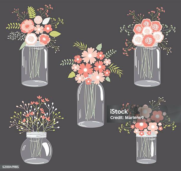 Pastel Flowers In Mason Jars Stock Illustration - Download Image Now - Flower, Jar, Arts Culture and Entertainment