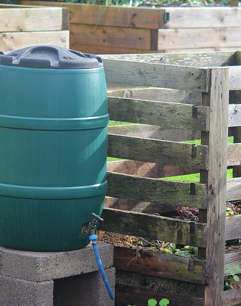 istock Wooden compost heap, water-butt, compost, allotment garden raised-beds 520042779