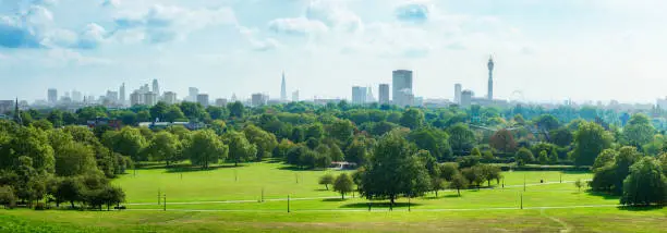 London Skyline and Primrose hill park panorama on a sunny September day.