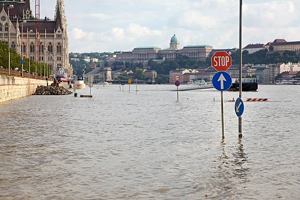 flooded traffic signs in Budapest