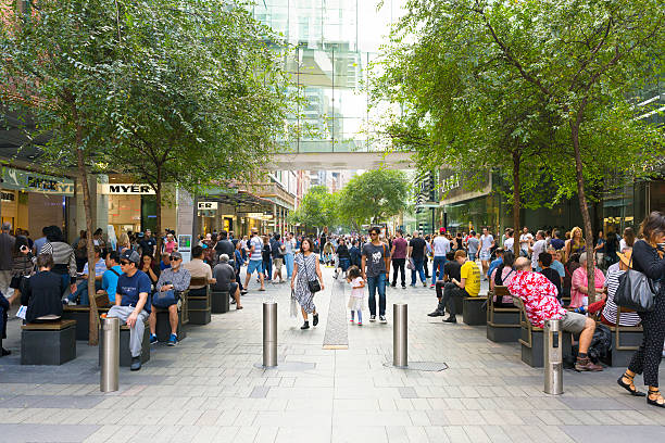 Crowd of people, tourists and sightseers on Pitt Street Mall stock photo