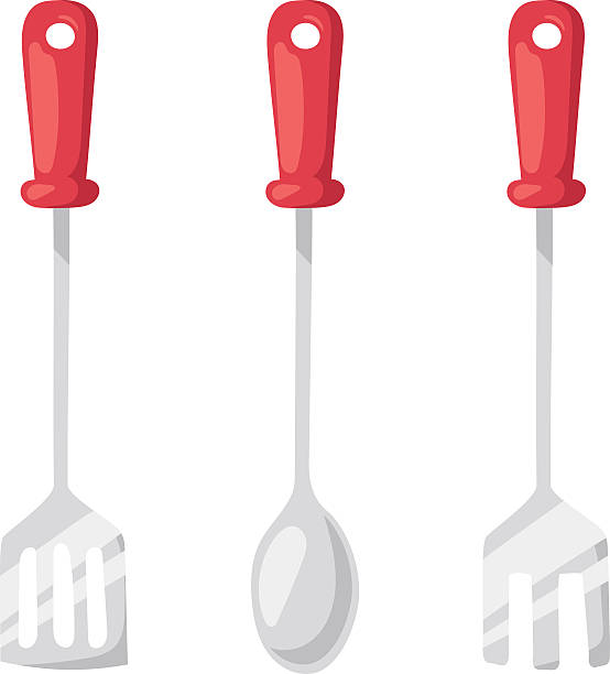 Kitchen ladle cooking home culinary silver equipment flat vector illustration Set of kitchen metal ladle and cooking kitchen ladle. Kitchenware utensil cooking tool domestic steel stainless kitchen ladle equipment. Kitchen ladle cooking equipment flat vector illustration. clip art of a potato masher stock illustrations