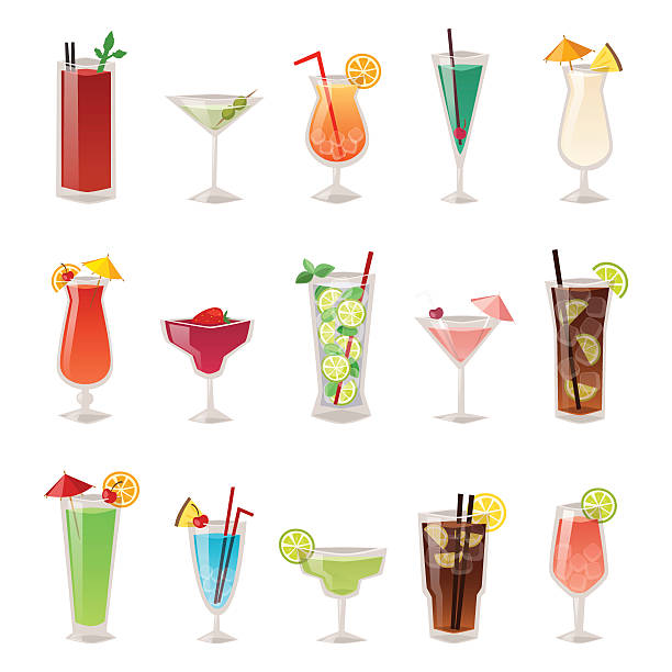 ilustrações, clipart, desenhos animados e ícones de conjunto de álcool diferente garrafas de bebidas e copos ilustração vetorial - transparent ideas lid glass